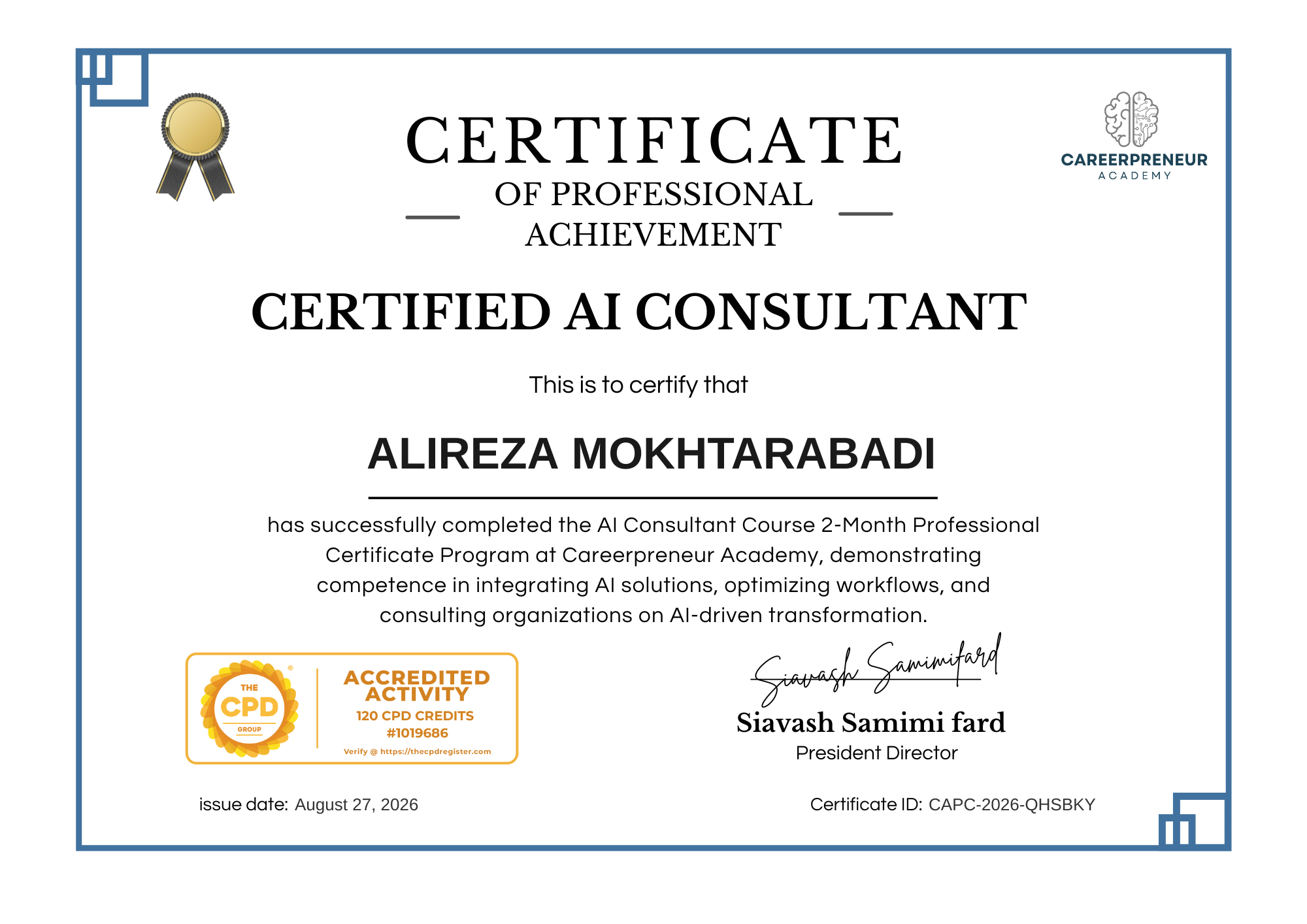 Certified AI Consultant certificate issued by Careerpreneur Academy to Alireza Mokhtarabadi